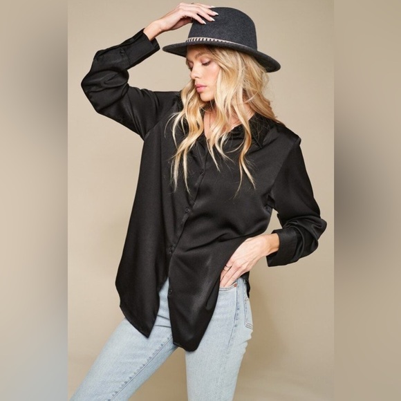 Satin Button Down Nude Black Neutral - Picture 7 of 9